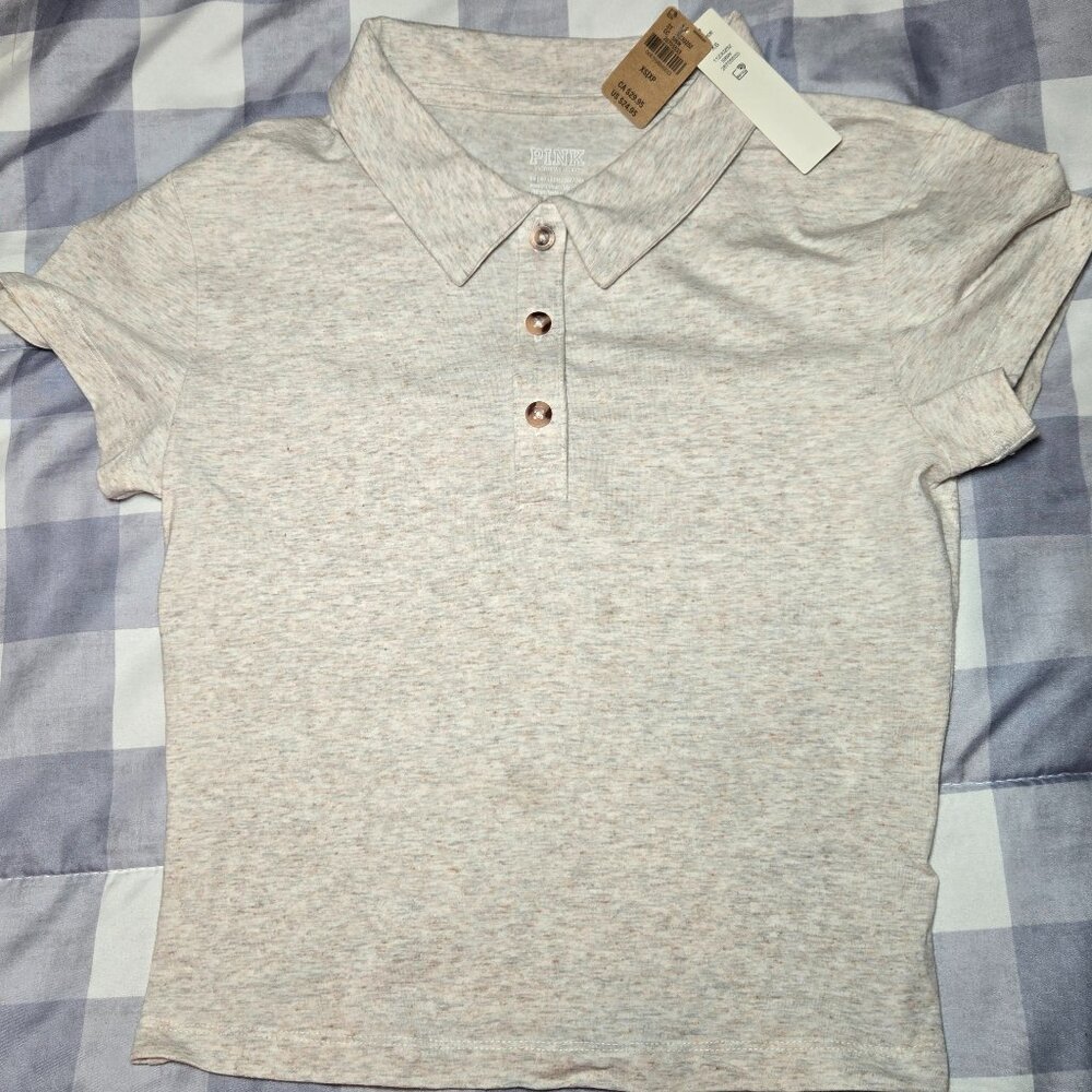Victoria Secret PINK Cotton Short-Sleeve Polo Crop Top size XS NWT Oatmeal Gray